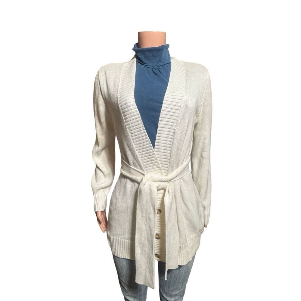 women's V-neck off white long-sleeve tie wrap knit cardigan L